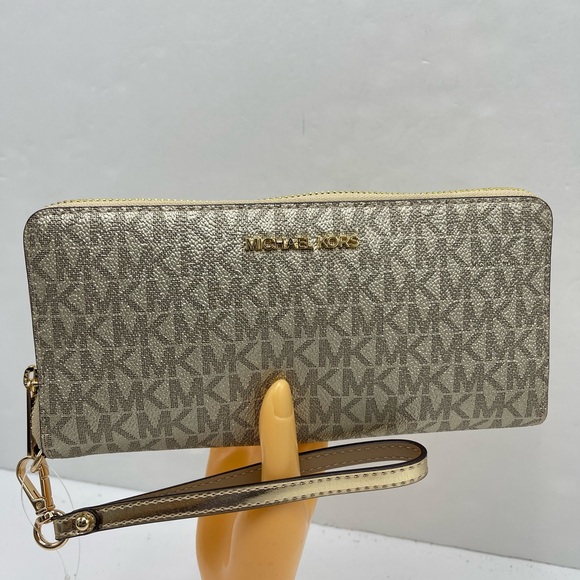 MICHAEL KORS Jet Set Lg Metallic Signature Logo Continental Wallet Wristlet Phon - Picture 16 of 16